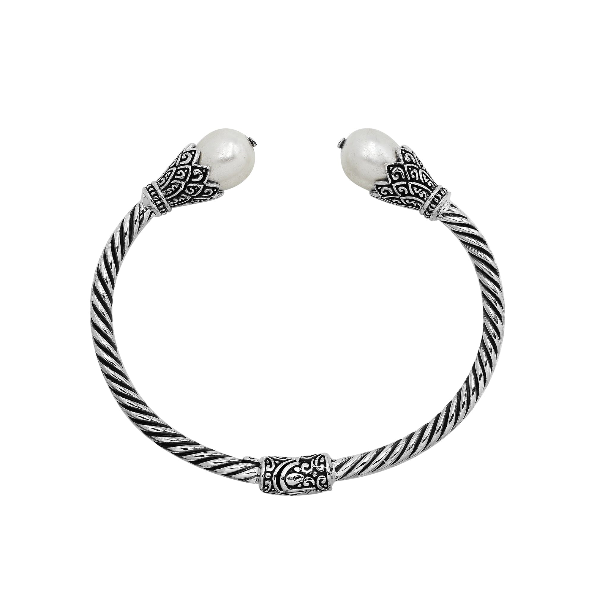 925 Sterling Silver Balinese Twisted Bangle With Shell Pearl And Hinge Lock On White Background
