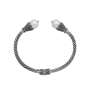 925 Sterling Silver Balinese Twisted Bangle With Shell Pearl And Hinge Lock On White Background