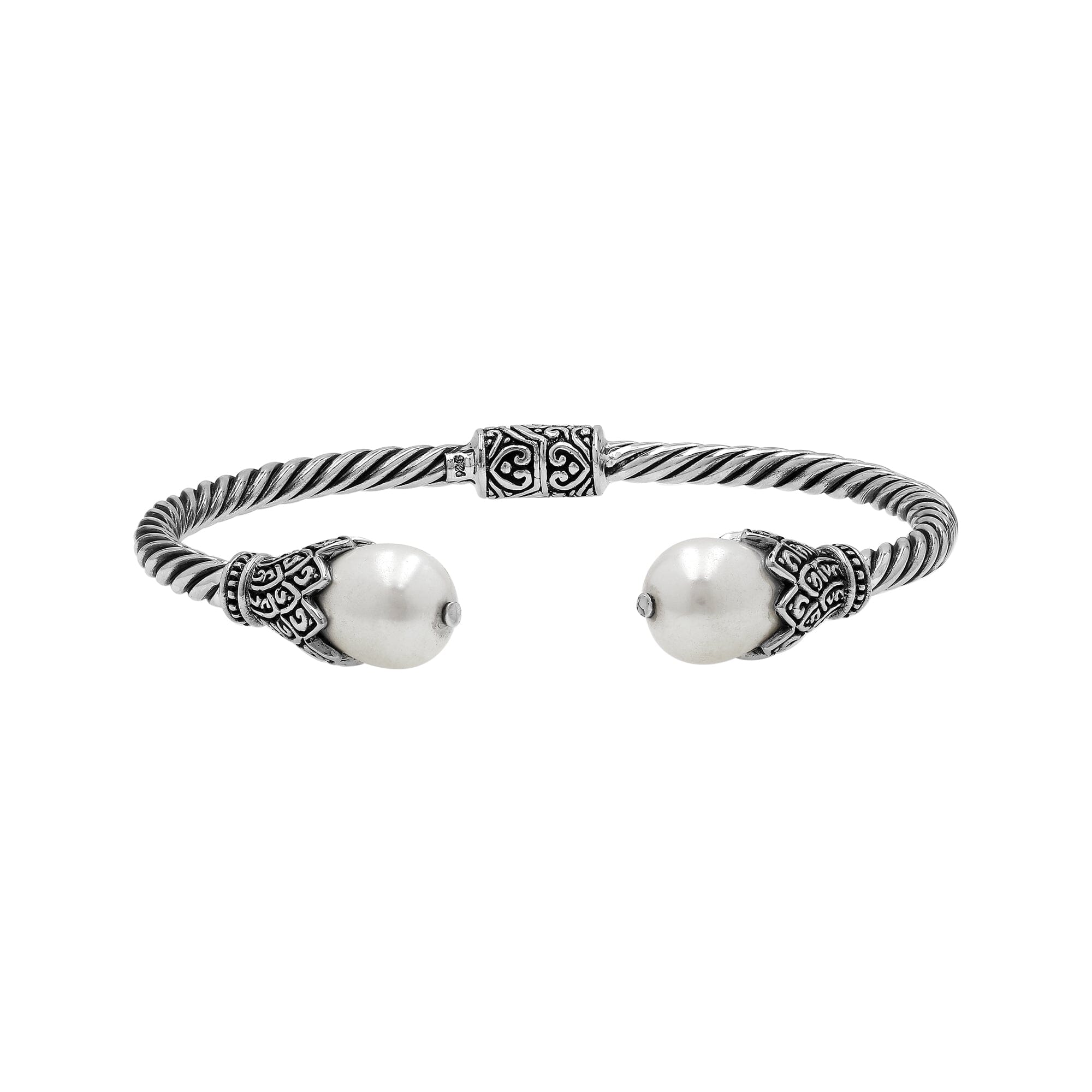 925 Sterling Silver Balinese Twisted Bangle With Shell Pearl And Hinge Lock On White Background