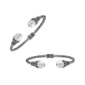 925 Sterling Silver Balinese Twisted Bangle With Shell Pearl And Hinge Lock On White Background