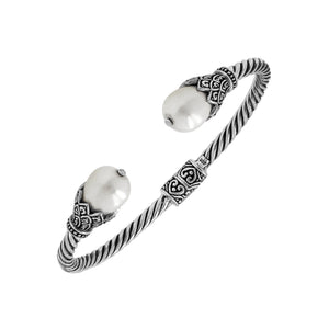 925 Sterling Silver Balinese Twisted Bangle With Shell Pearl And Hinge Lock On White Background