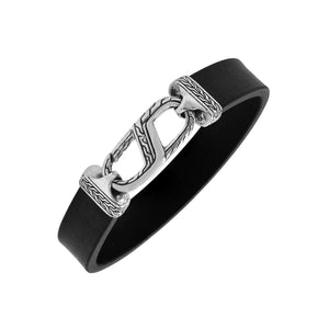 925 Sterling Silver Bracelet With Black Leather And Hook Lock On White Background