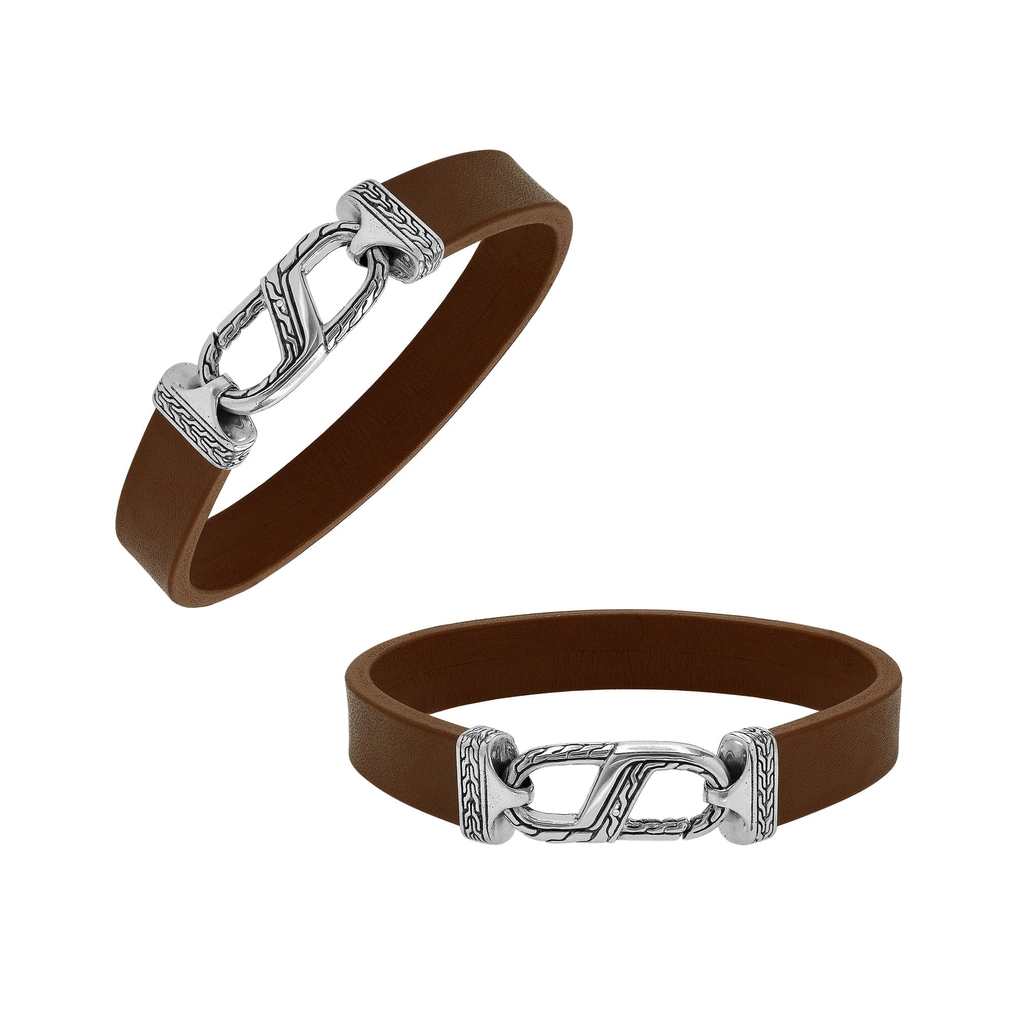925 Sterling Silver Bracelet With Brown Leather And Hook Lock On White Background