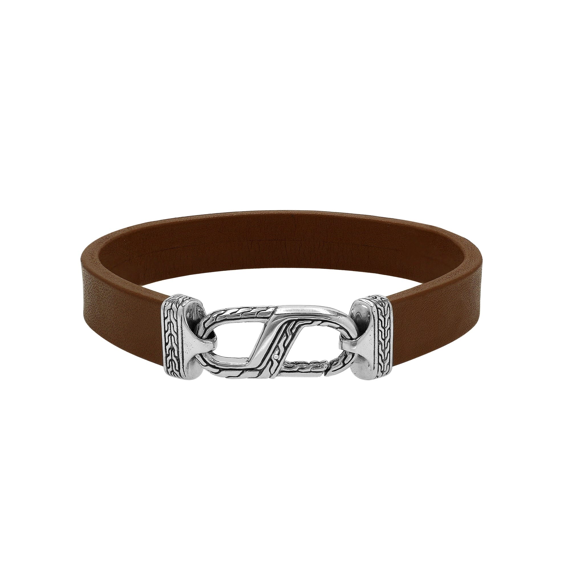 925 Sterling Silver Bracelet With Brown Leather And Hook Lock On White Background