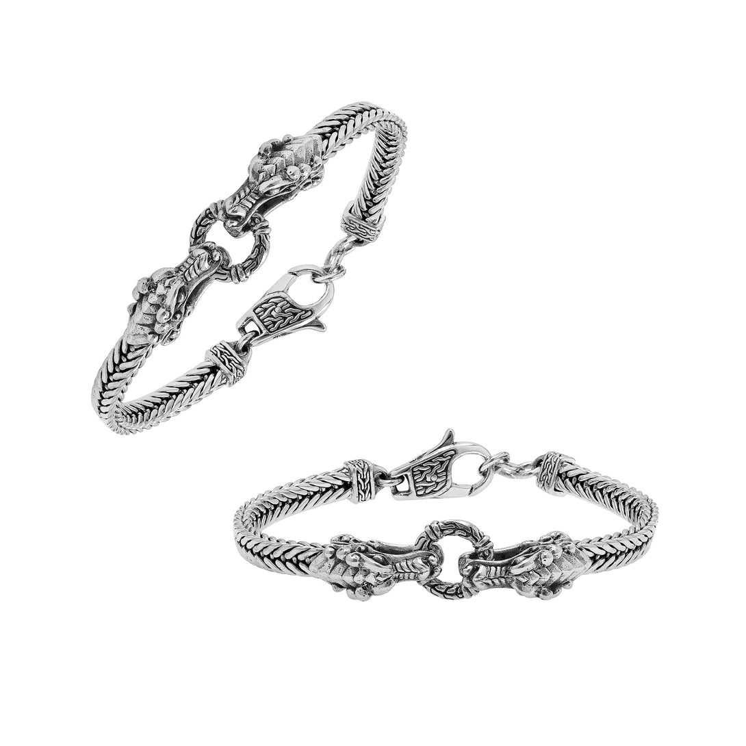 AB-1192-S-7" Sterling Silver Double Dragon Bracelet With Plain Silver Jewelry Bali Designs Inc 