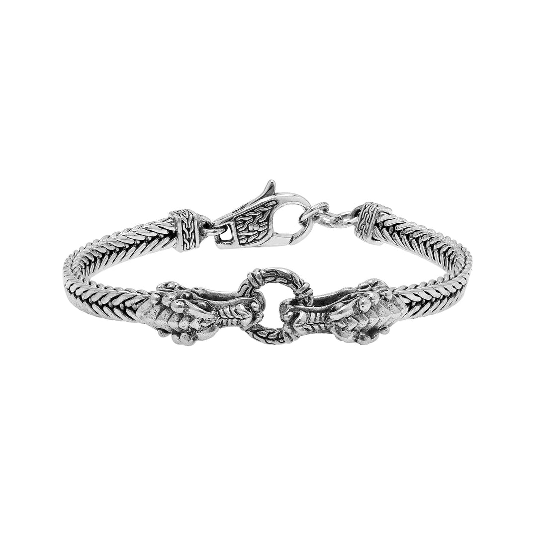 AB-1192-S-7.5" Sterling Silver Double Dragon Bracelet With Plain Silver Jewelry Bali Designs Inc 