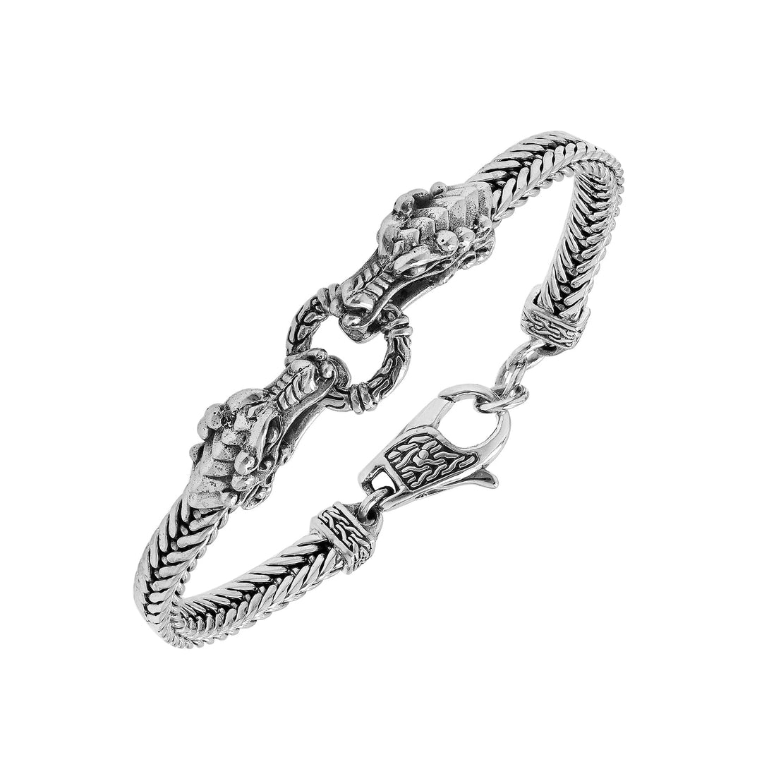 AB-1192-S-8.5" Sterling Silver Double Dragon Bracelet With Plain Silver Jewelry Bali Designs Inc 