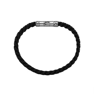 925 Sterling Silver Bracelet With Black Leather And Push Lock On White Background