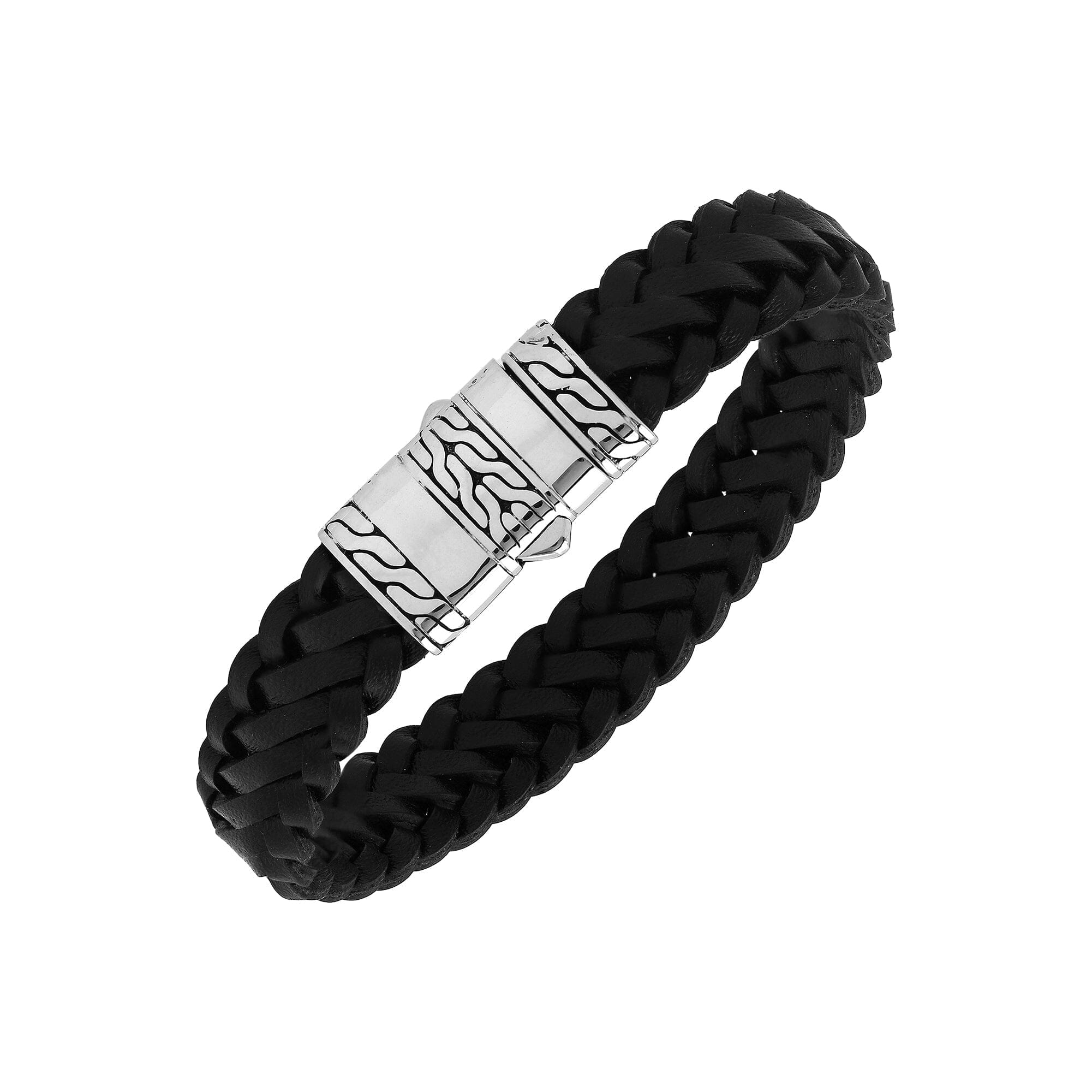925 Sterling Silver Bracelet With Black Leather And Push Lock On White Background