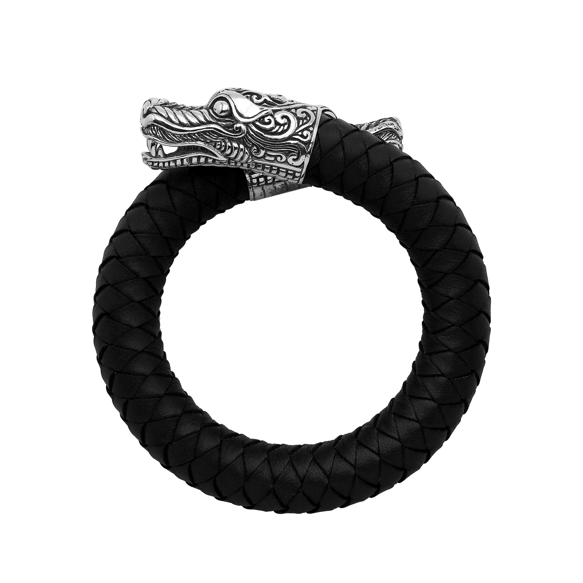 925 Sterling Silver Dragon Bracelet With Black Leather On White Background