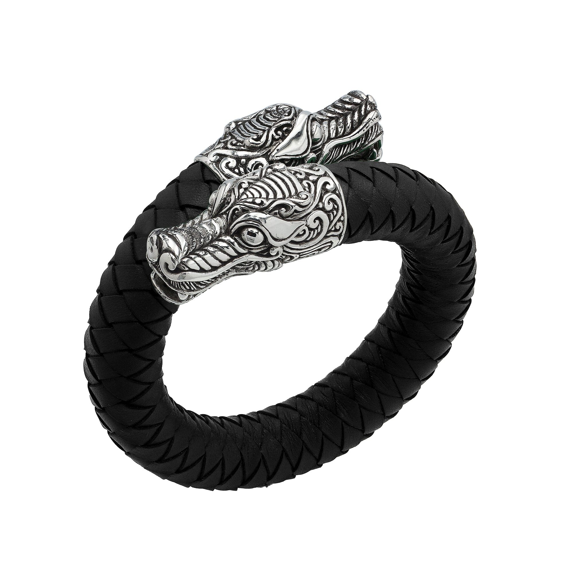 925 Sterling Silver Dragon Bracelet With Black Leather On White Background