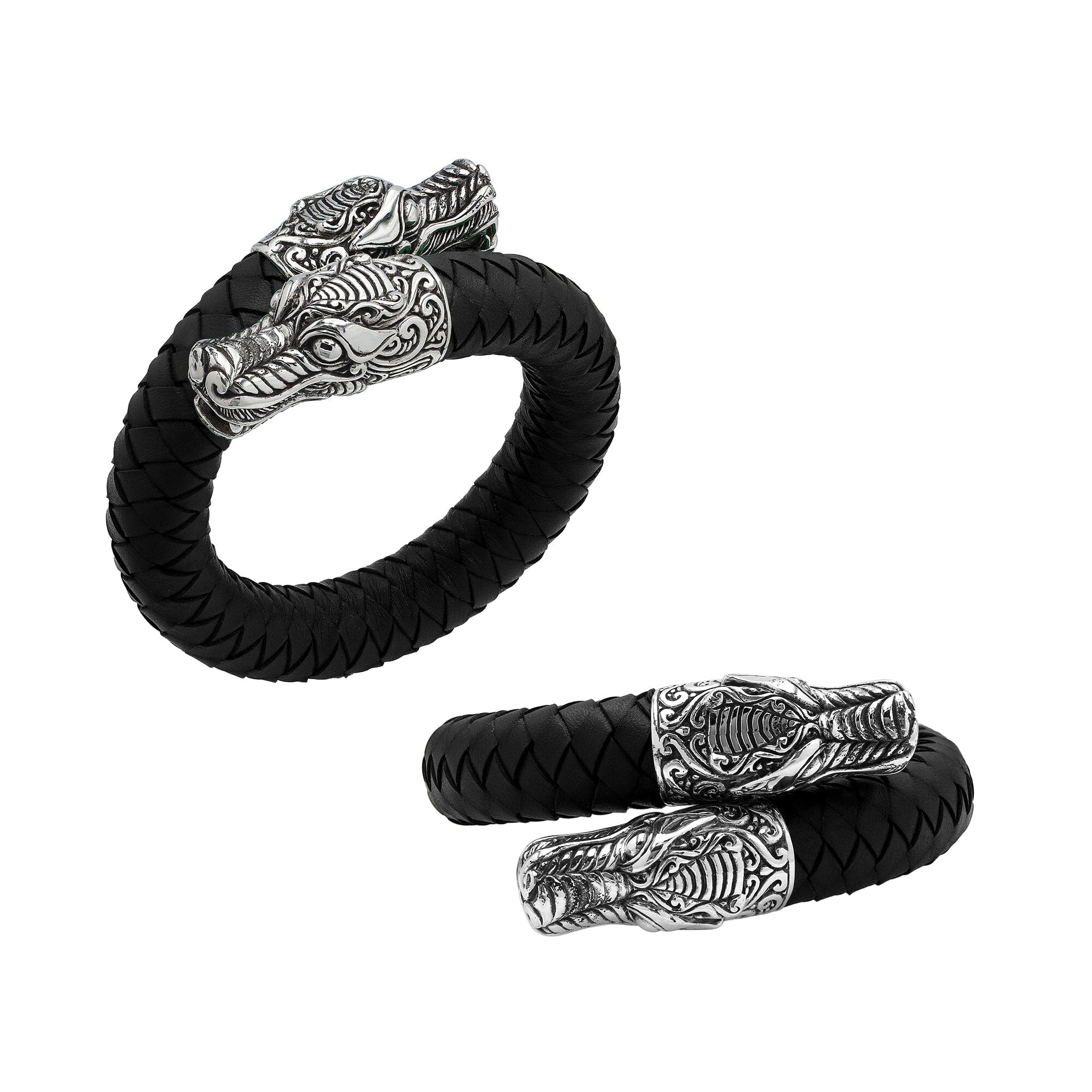 925 Sterling Silver Dragon Bracelet With Black Leather On White Background