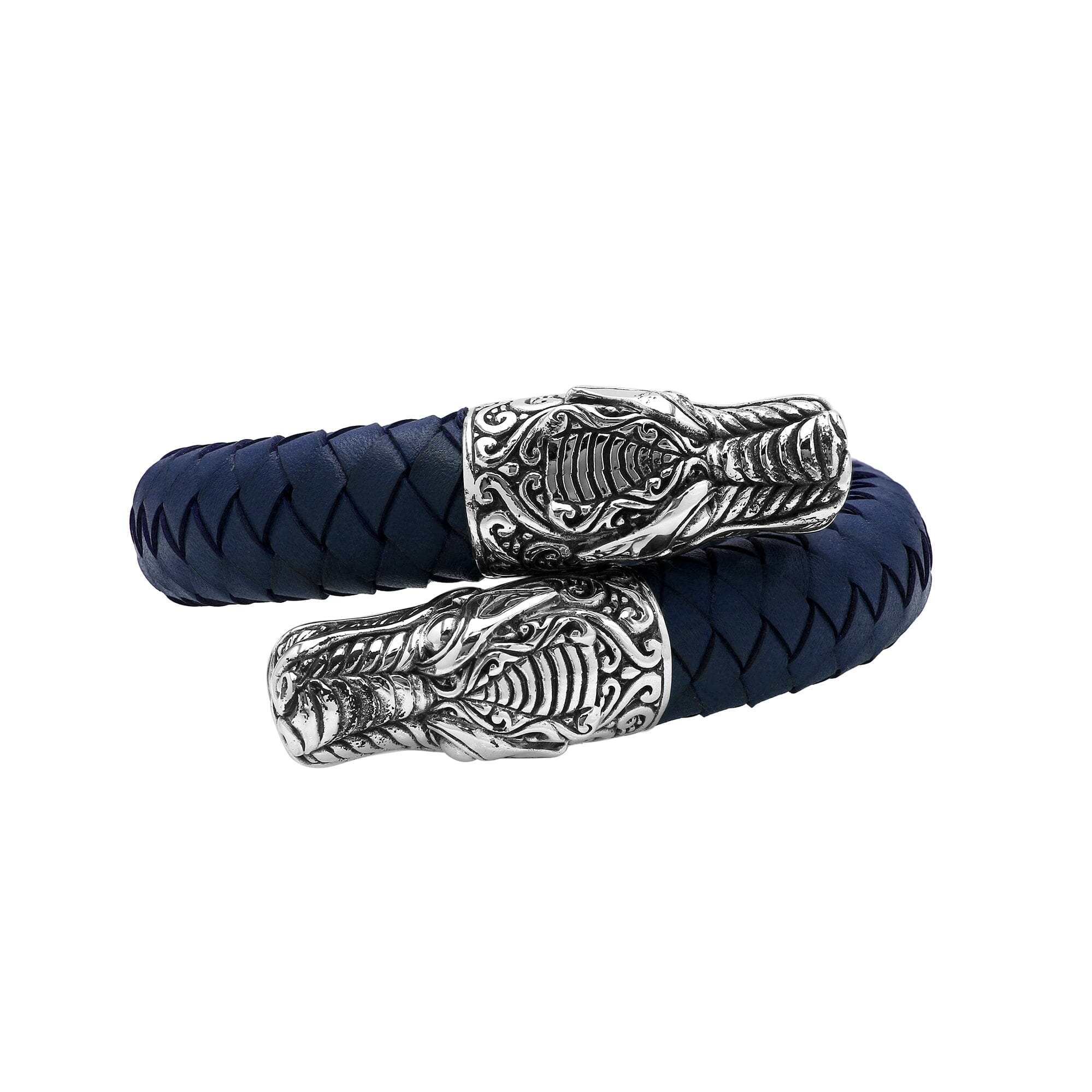 925 Sterling Silver Dragon Bracelet With Blue Leather On White Background
