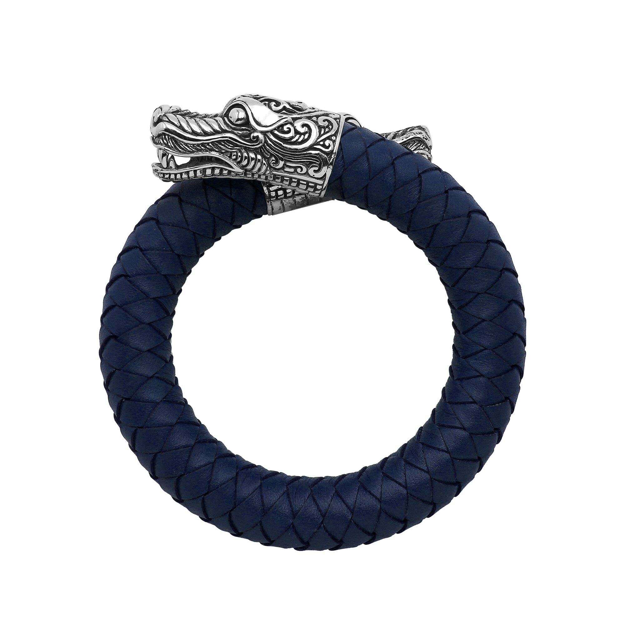 925 Sterling Silver Dragon Bracelet With Blue Leather On White Background