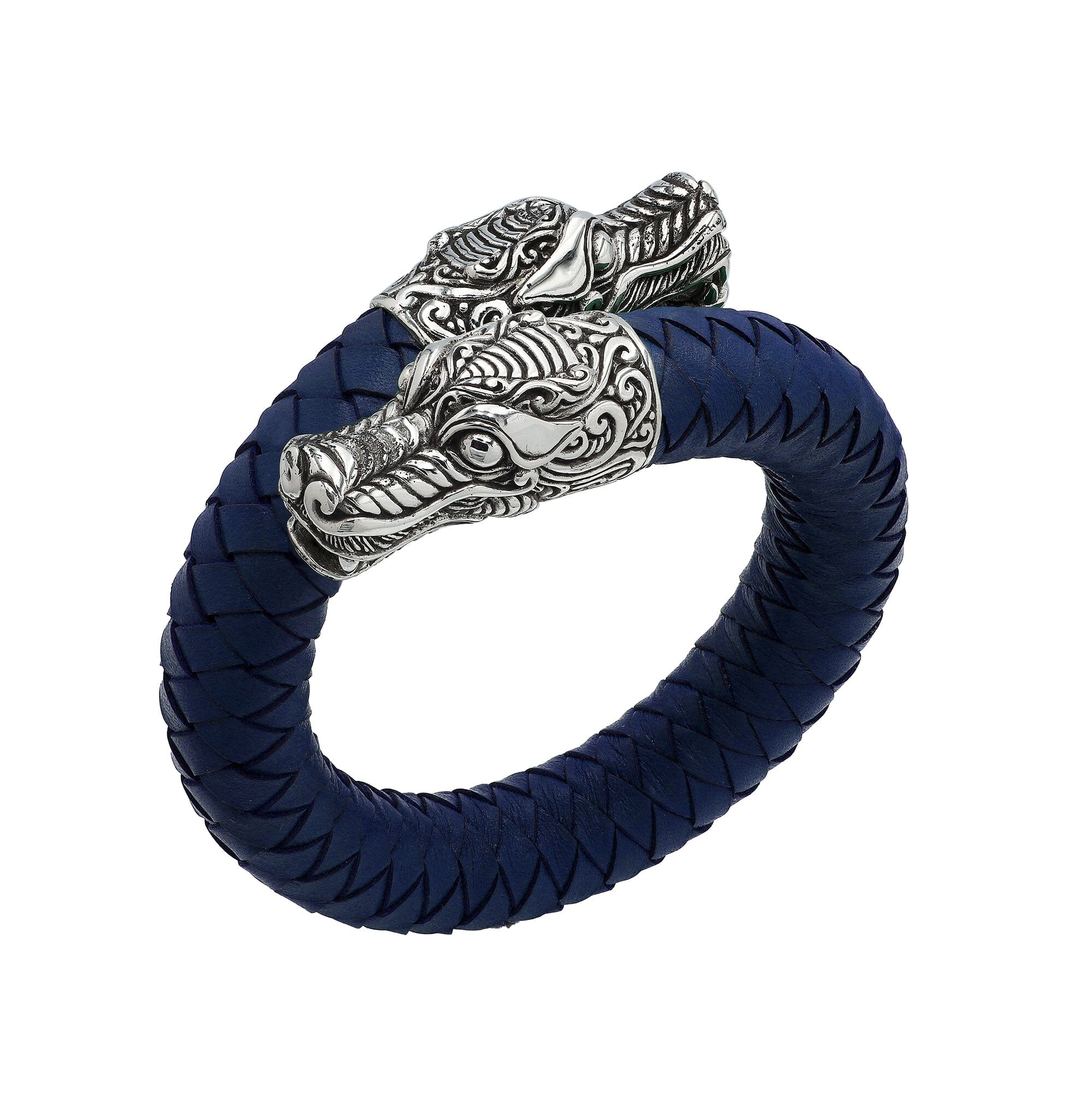 925 Sterling Silver Dragon Bracelet With Blue Leather On White Background
