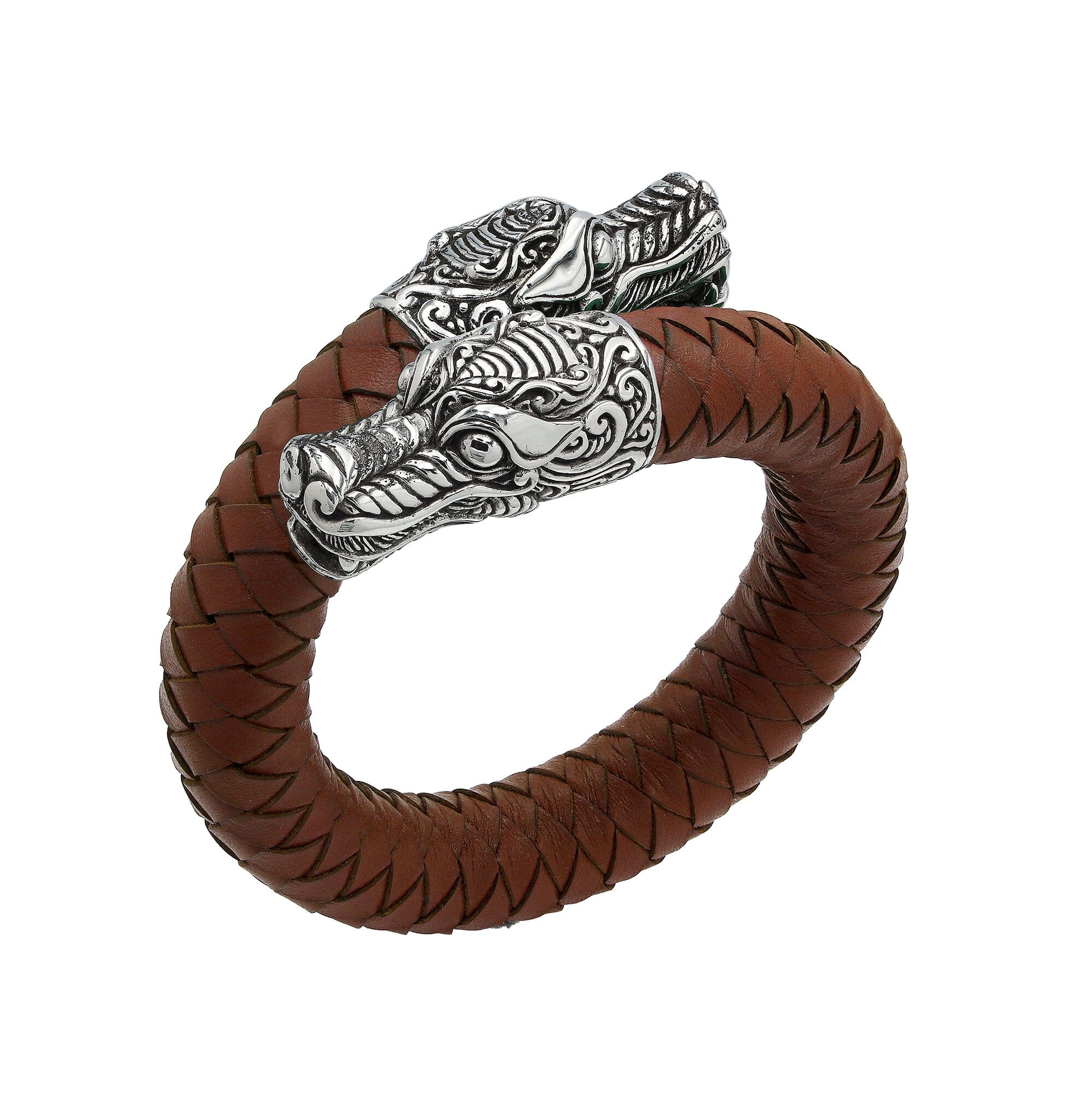 925 Sterling Silver Dragon Bracelet With Light Brown Leather On White Background