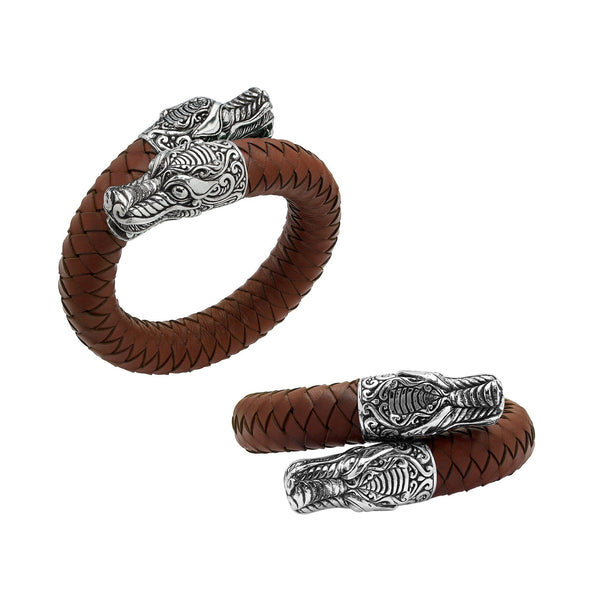 AB-1194-LT-COGNAC-M Sterling Silver Bracelet With Light Brown Leather Jewelry Bali Designs Inc 