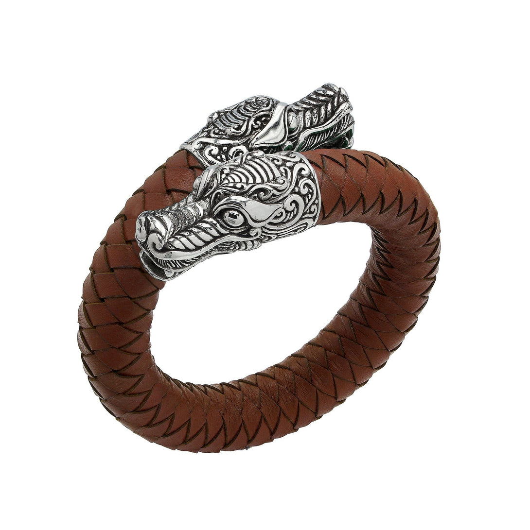 AB-1194-LT-COGNAC-M Sterling Silver Bracelet With Light Brown Leather Jewelry Bali Designs Inc 