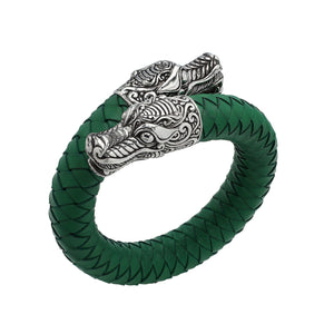 925 Sterling Silver Dragon Bracelet With Green Leather On White Background