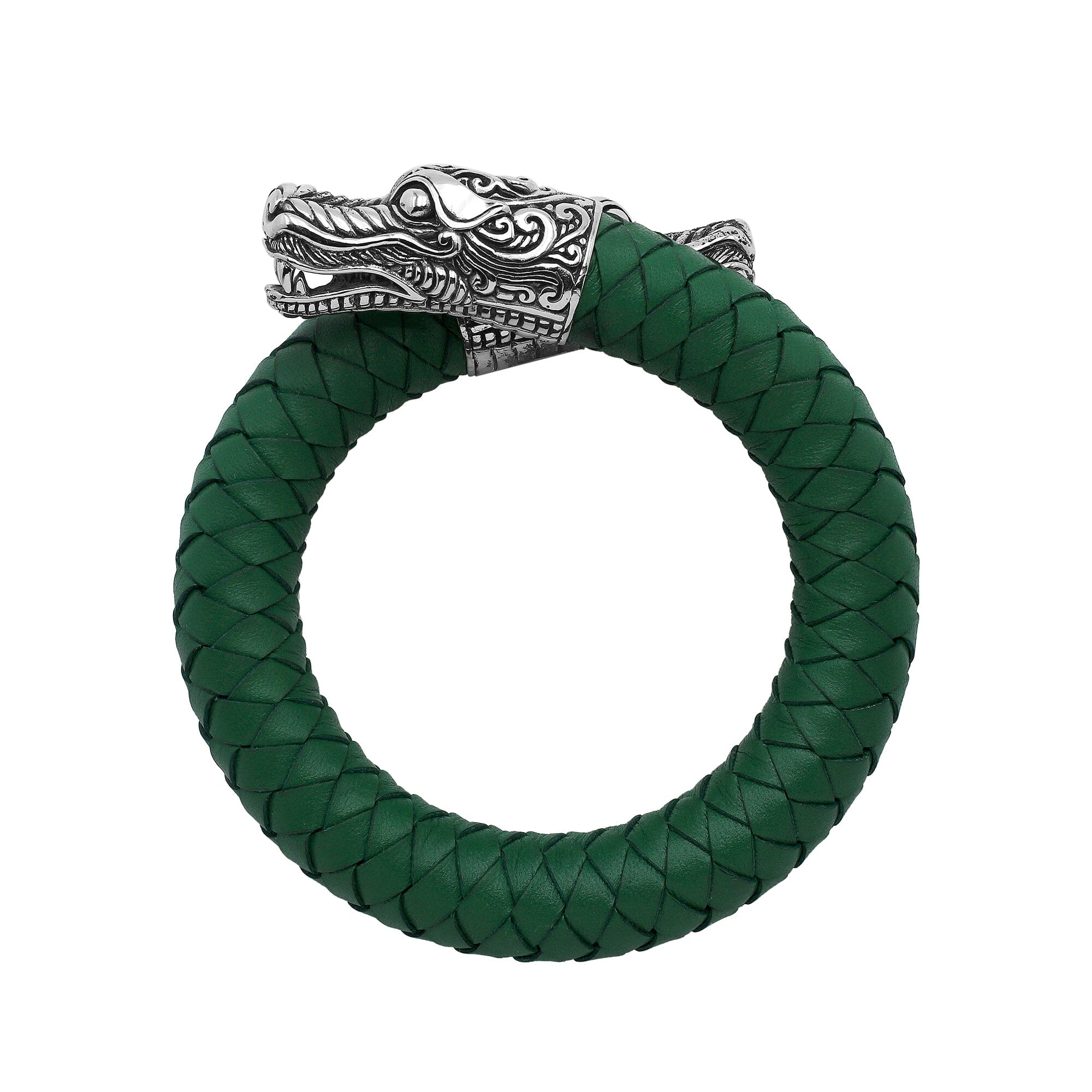 925 Sterling Silver Dragon Bracelet With Green Leather On White Background