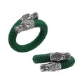 925 Sterling Silver Dragon Bracelet With Green Leather On White Background