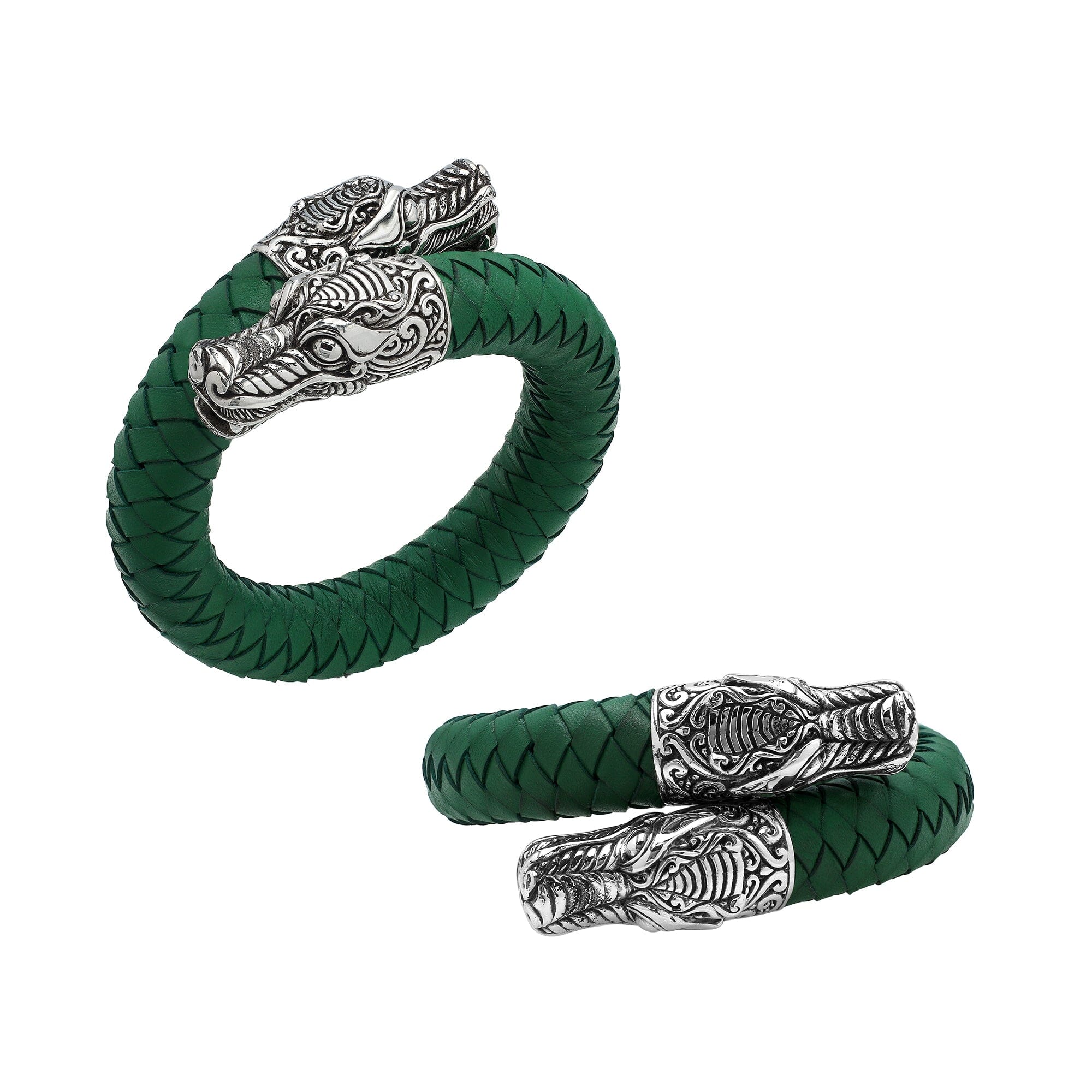 925 Sterling Silver Dragon Bracelet With Green Leather On White Background