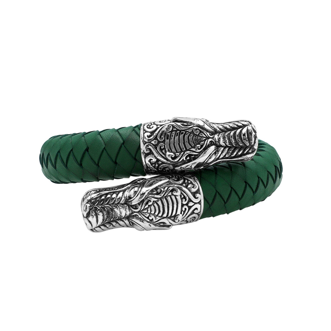 AB-1194-LT-GREEN-S Sterling Silver Bracelet With Green Leather Jewelry Bali Designs Inc 