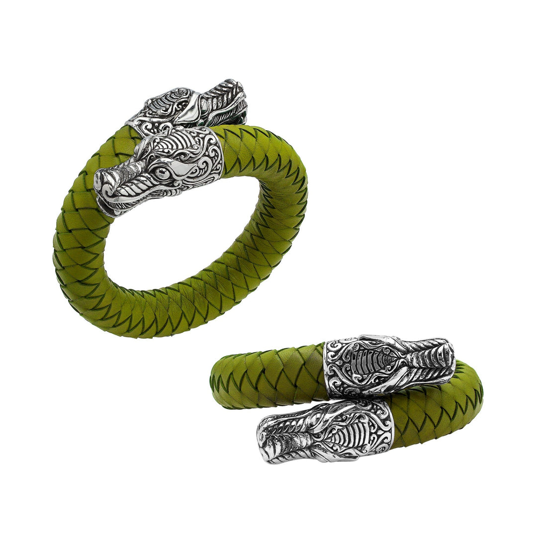 AB-1194-LT-OLIVE-L Sterling Silver Bracelet With Olive Leather Jewelry Bali Designs Inc 