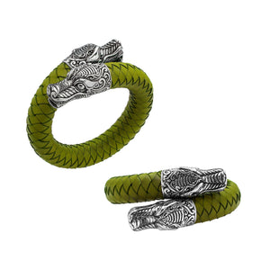 925 Sterling Silver Dragon Bracelet With Olive Leather On White Background