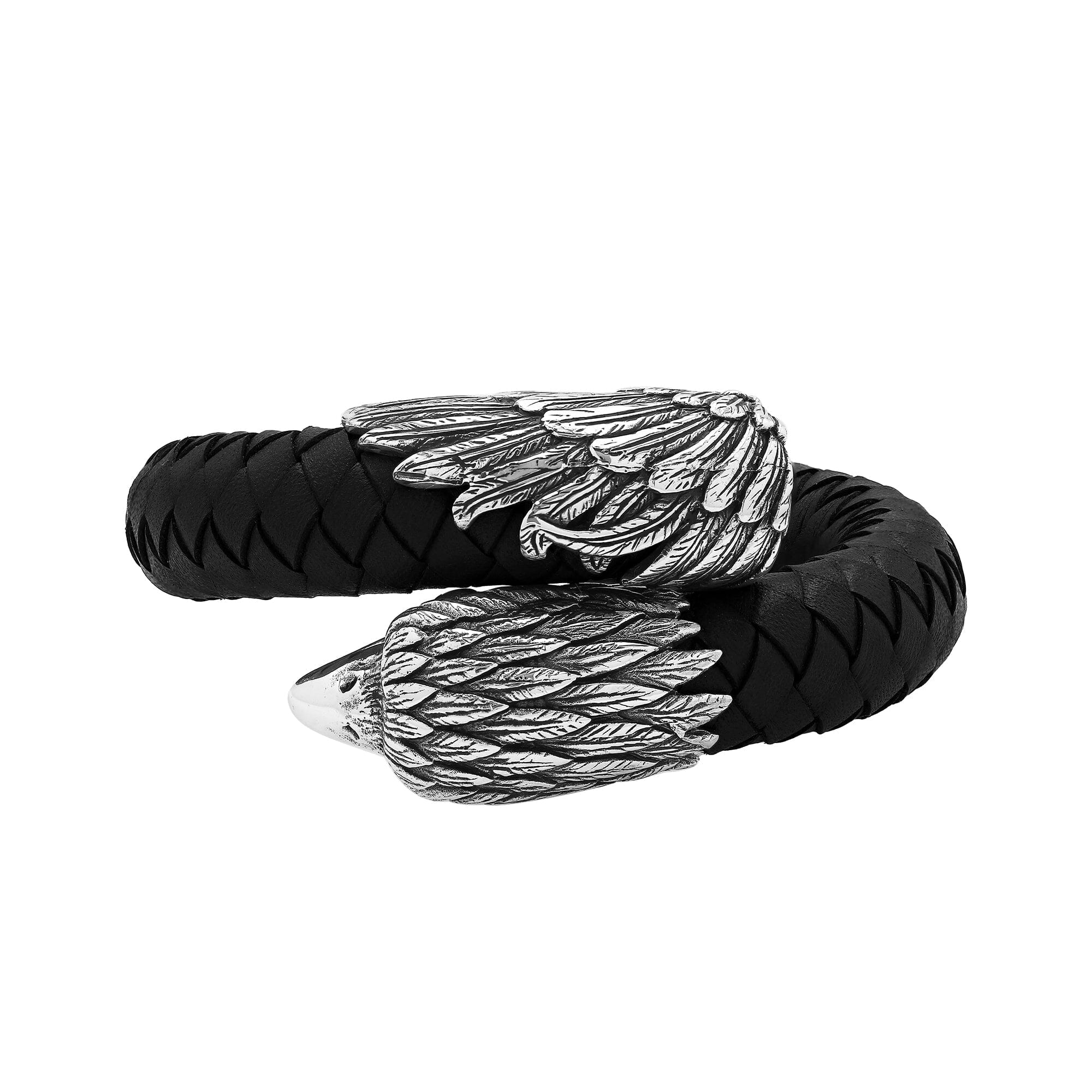925 Sterling Silver Eagle Bracelet With Black Leather On White Background