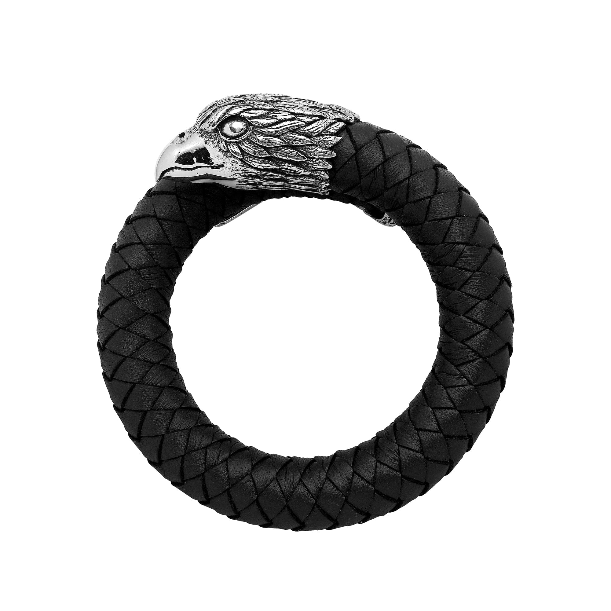 925 Sterling Silver Eagle Bracelet With Black Leather On White Background