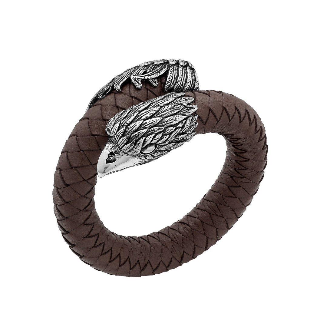 AB-1195-LT-BRW-M Sterling Silver Bracelet With Brown Leather Jewelry Bali Designs Inc 