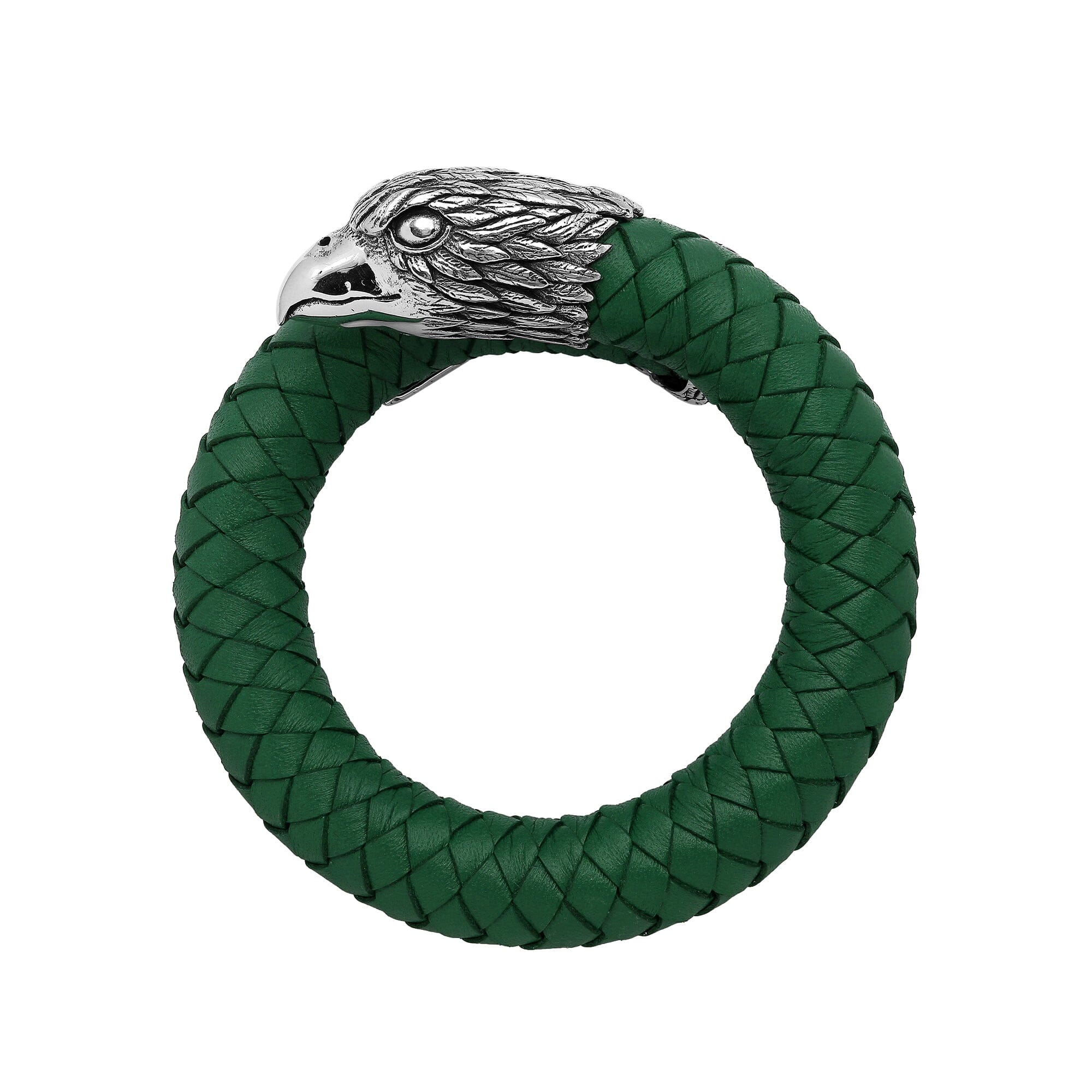 925 Sterling Silver Eagle Bracelet With Green Leather On White Background