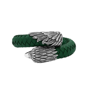 925 Sterling Silver Eagle Bracelet With Green Leather On White Background