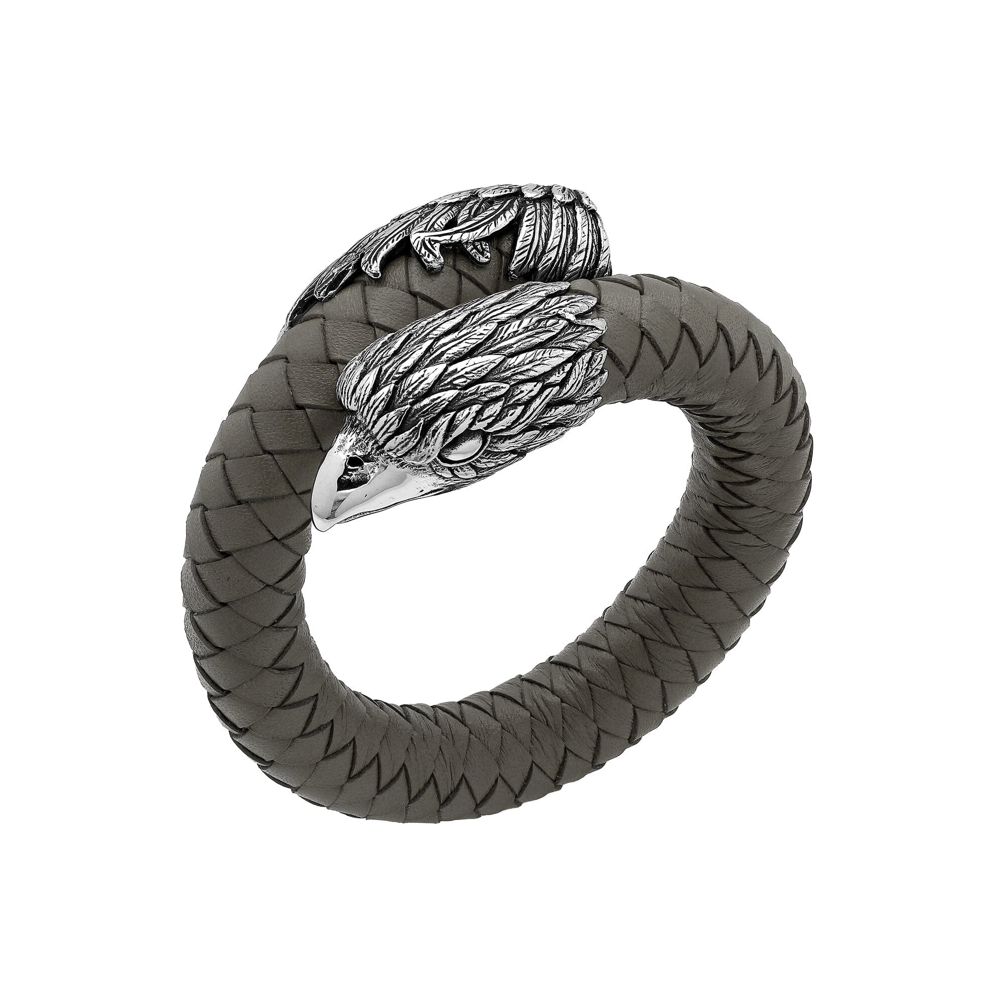 925 Sterling Silver Eagle Bracelet With Grey Leather On White Background