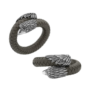 925 Sterling Silver Eagle Bracelet With Grey Leather On White Background