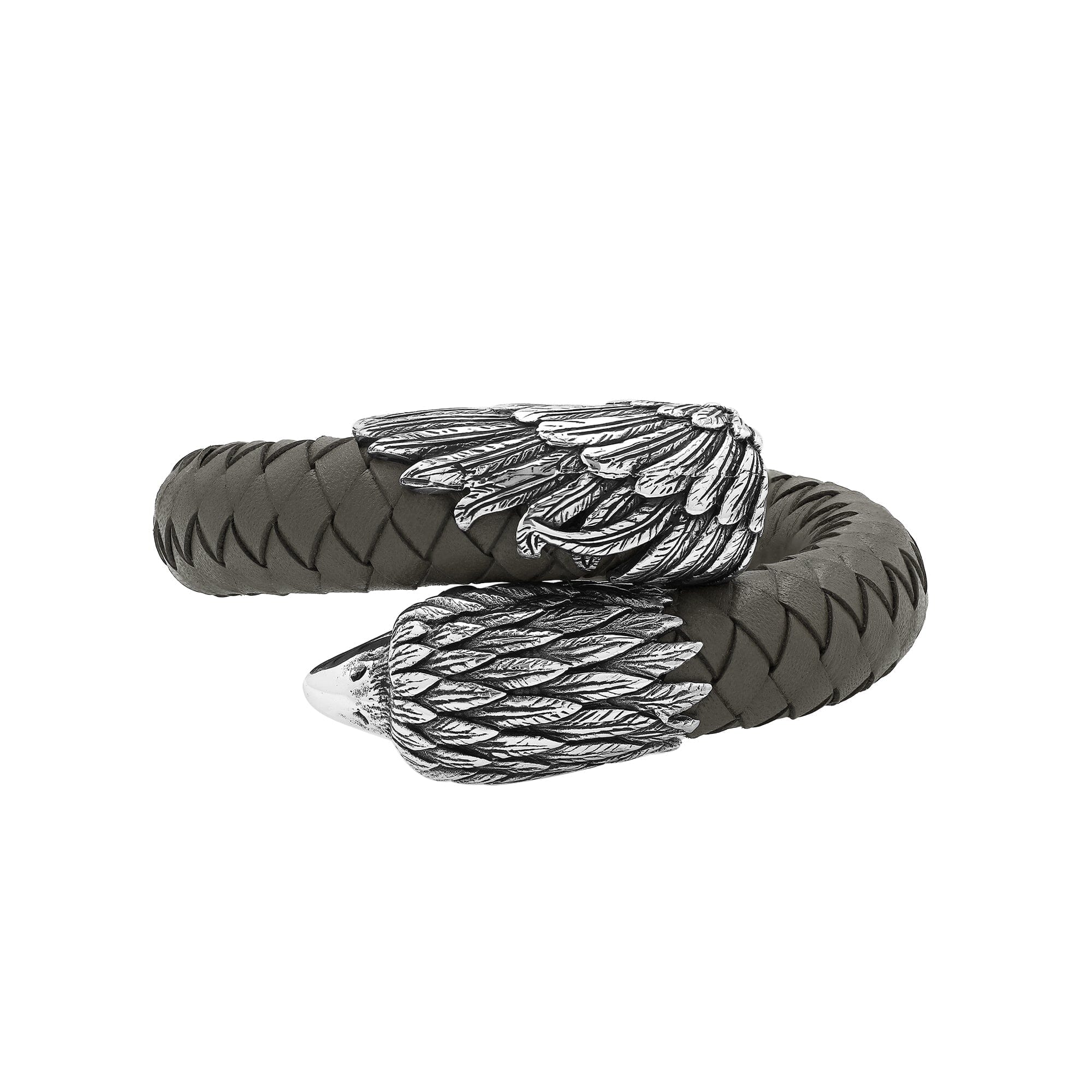 925 Sterling Silver Eagle Bracelet With Grey Leather On White Background