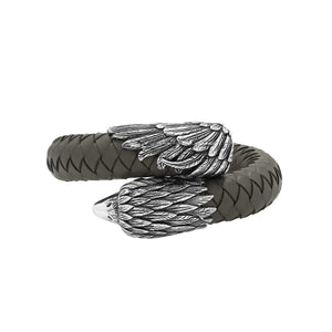 925 Sterling Silver Eagle Bracelet With Grey Leather On White Background