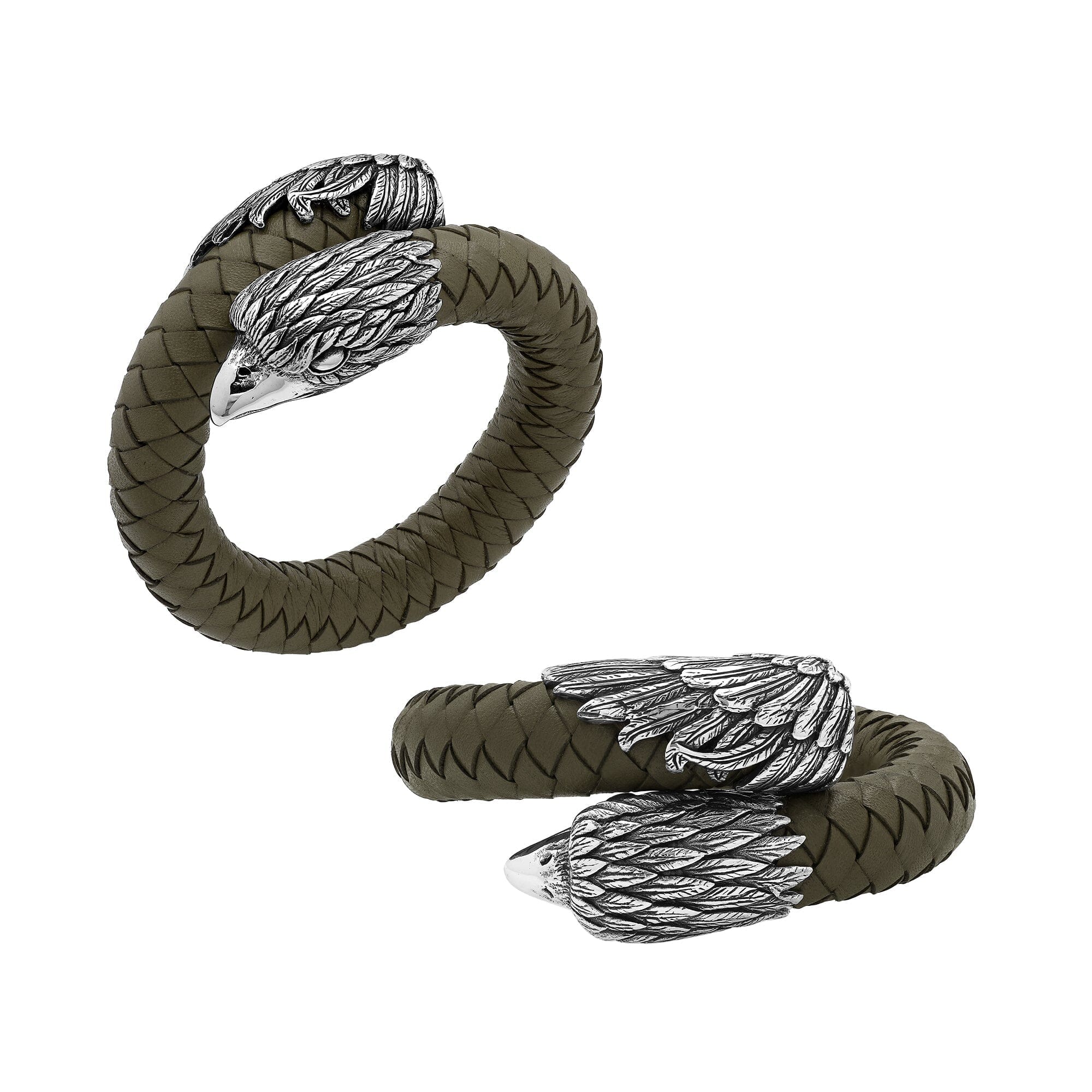 925 Sterling Silver Eagle Bracelet With Olive Leather On White Background