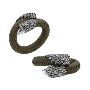 925 Sterling Silver Eagle Bracelet With Olive Leather On White Background