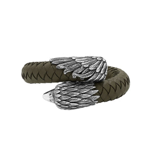 925 Sterling Silver Eagle Bracelet With Olive Leather On White Background