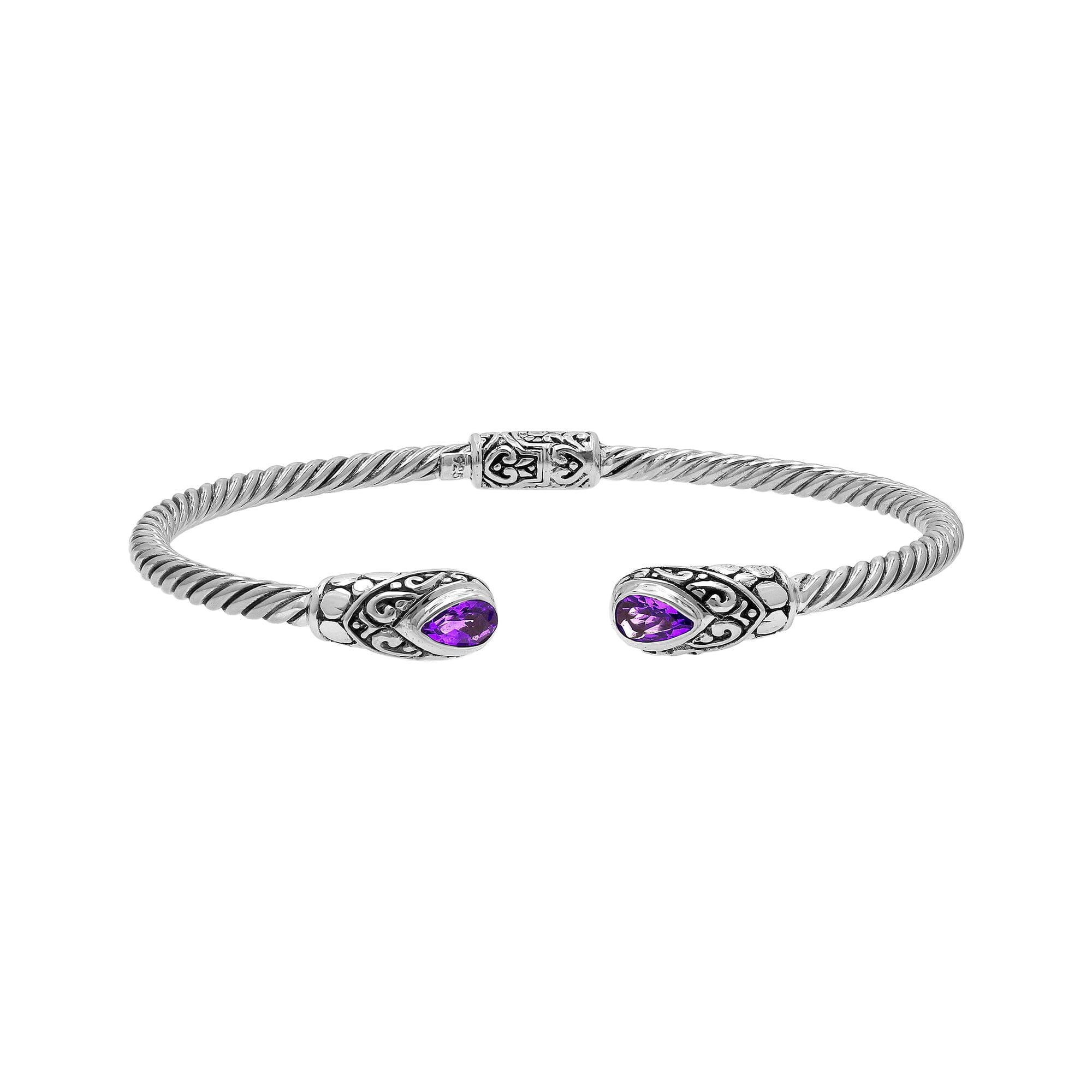 925 Sterling Silver Twisted Bangle With Amethyst Quartz On White Background