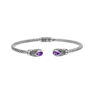 925 Sterling Silver Twisted Bangle With Amethyst Quartz On White Background