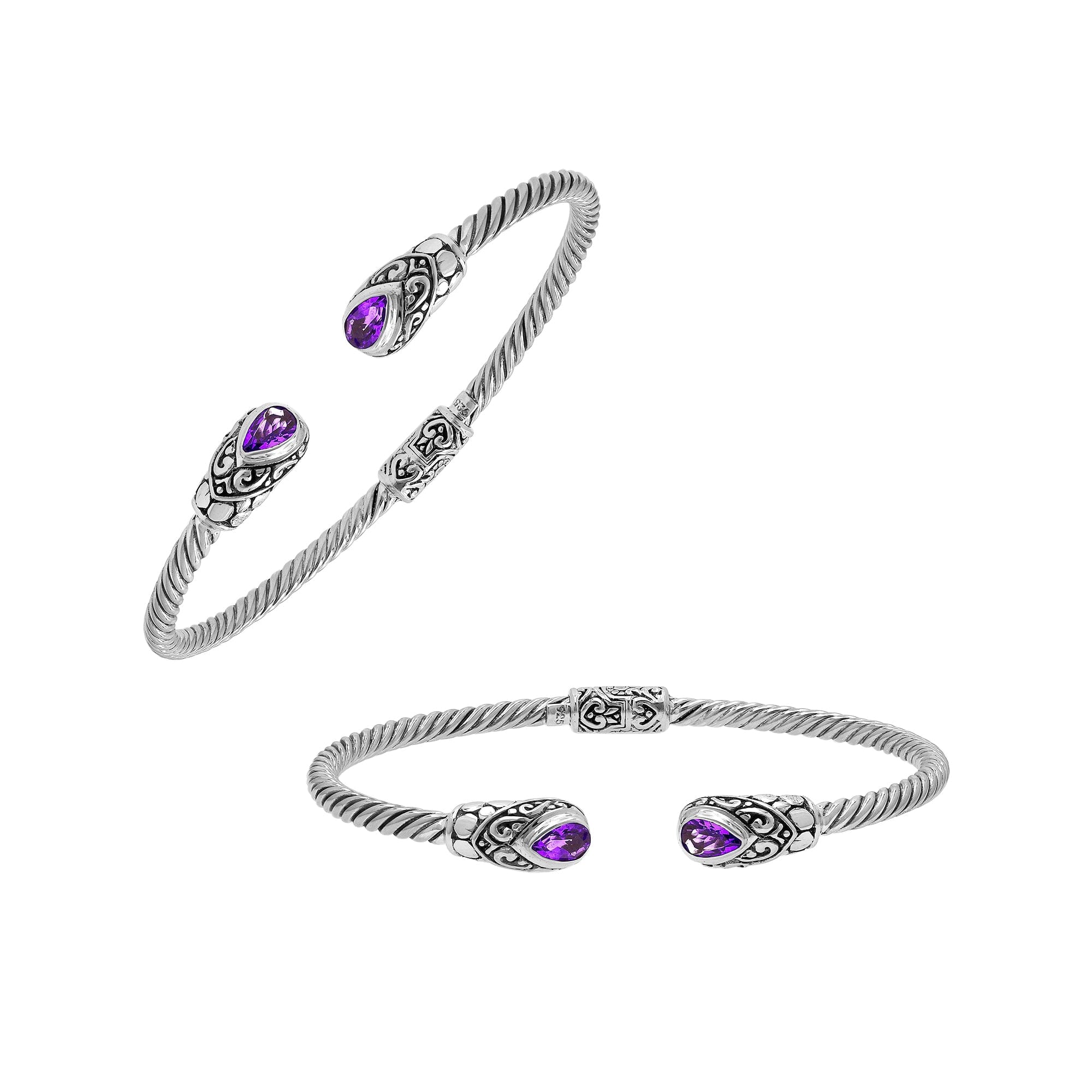 925 Sterling Silver Twisted Bangle With Amethyst Quartz On White Background
