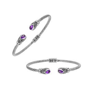 925 Sterling Silver Twisted Bangle With Amethyst Quartz On White Background