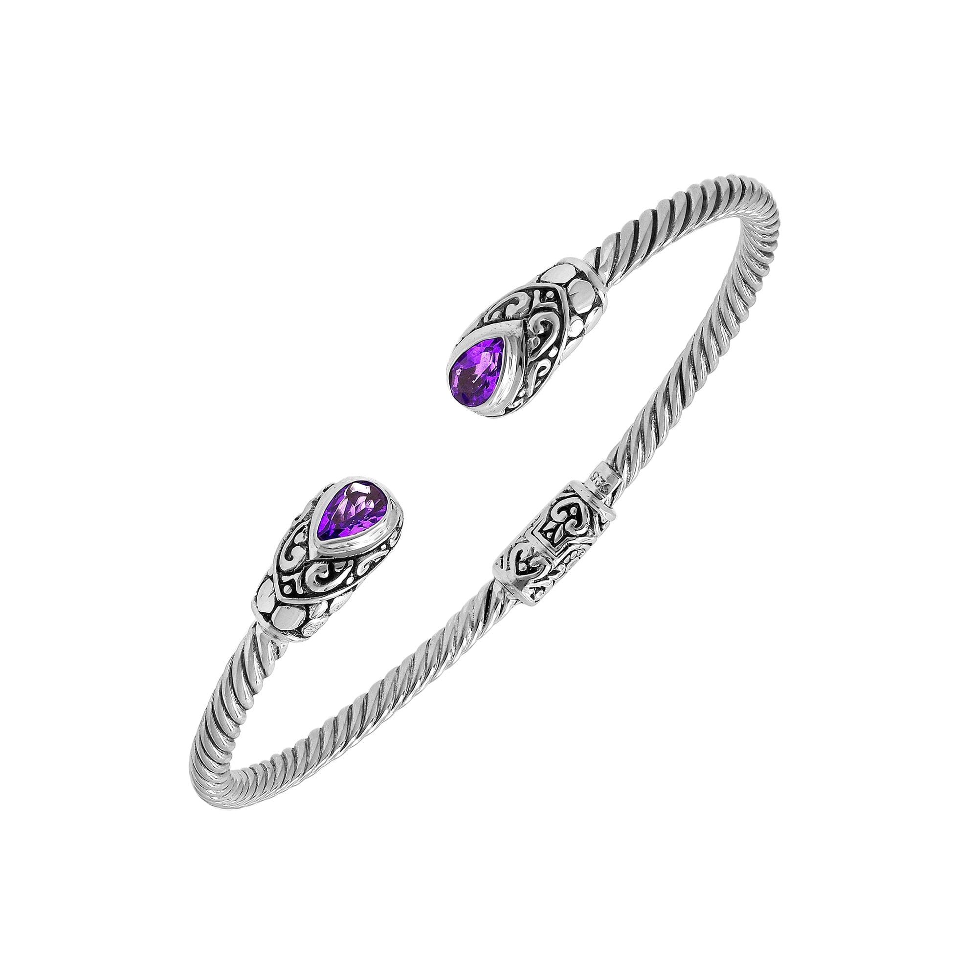 925 Sterling Silver Twisted Bangle With Amethyst Quartz On White Background