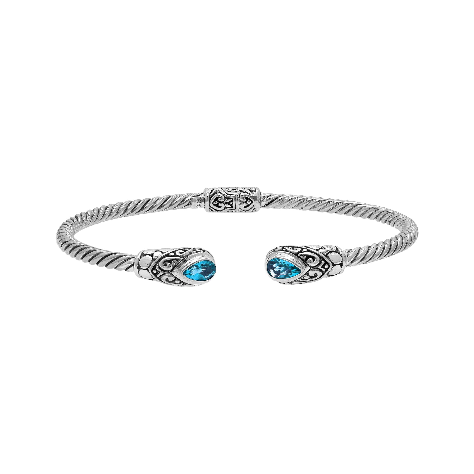 925 Sterling Silver Blue Topaz Quartz Bangle With Hinge Lock And Engraved Balinese Design
