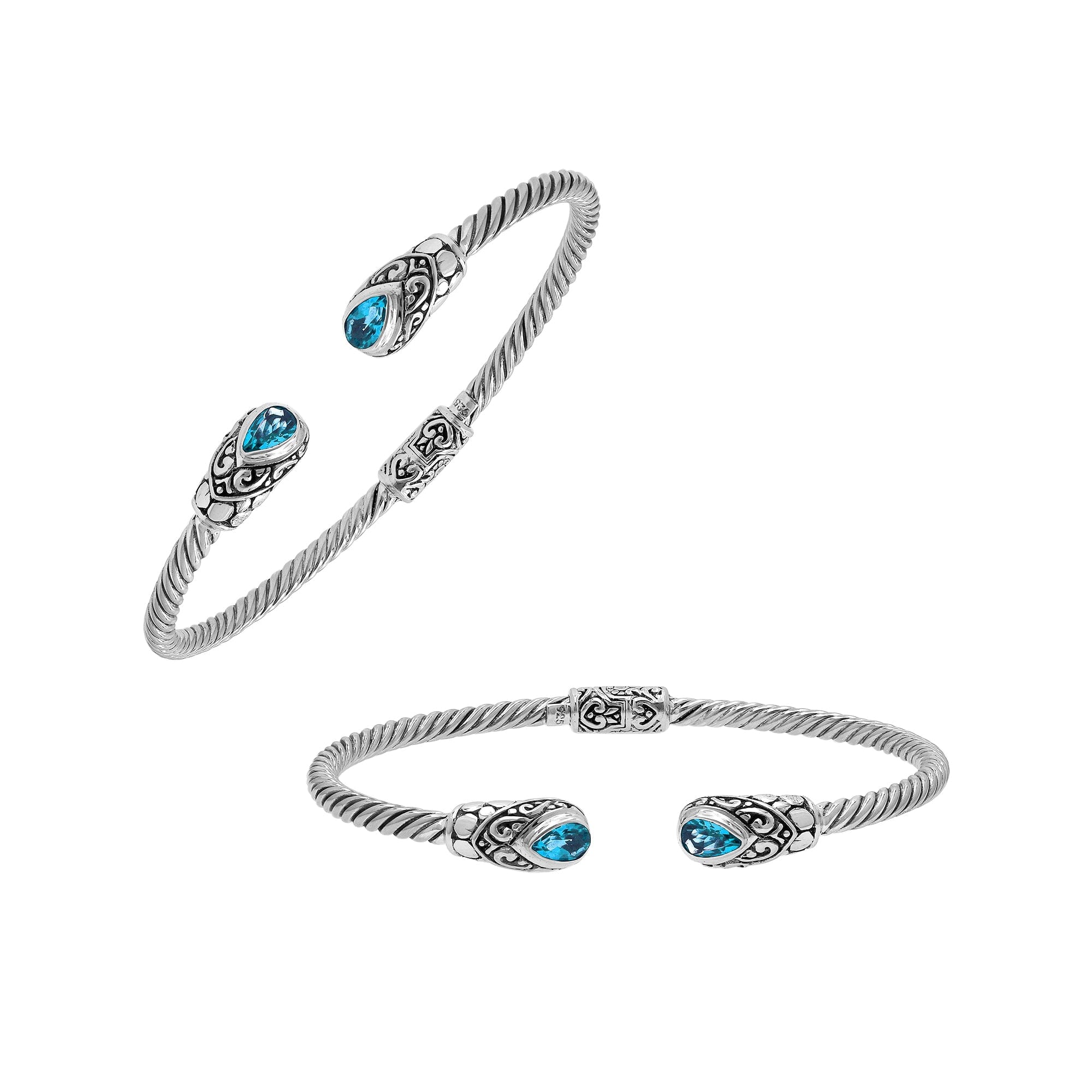 925 Sterling Silver Blue Topaz Quartz Bangle With Hinge Lock And Engraved Balinese Design