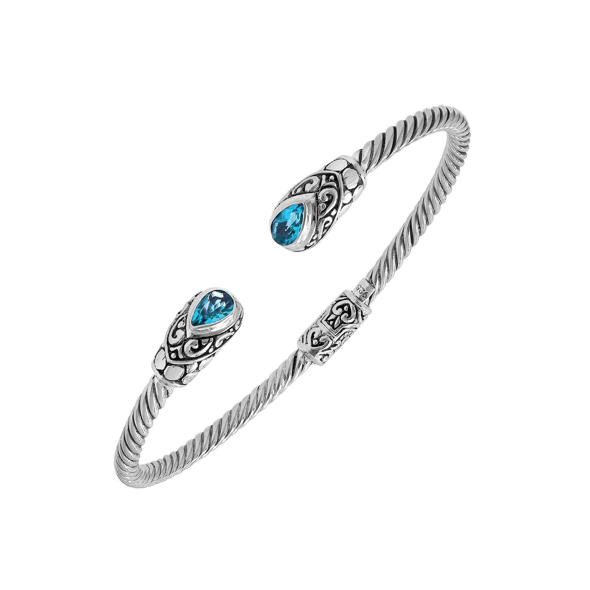 925 Sterling Silver Blue Topaz Quartz Bangle With Hinge Lock And Engraved Balinese Design