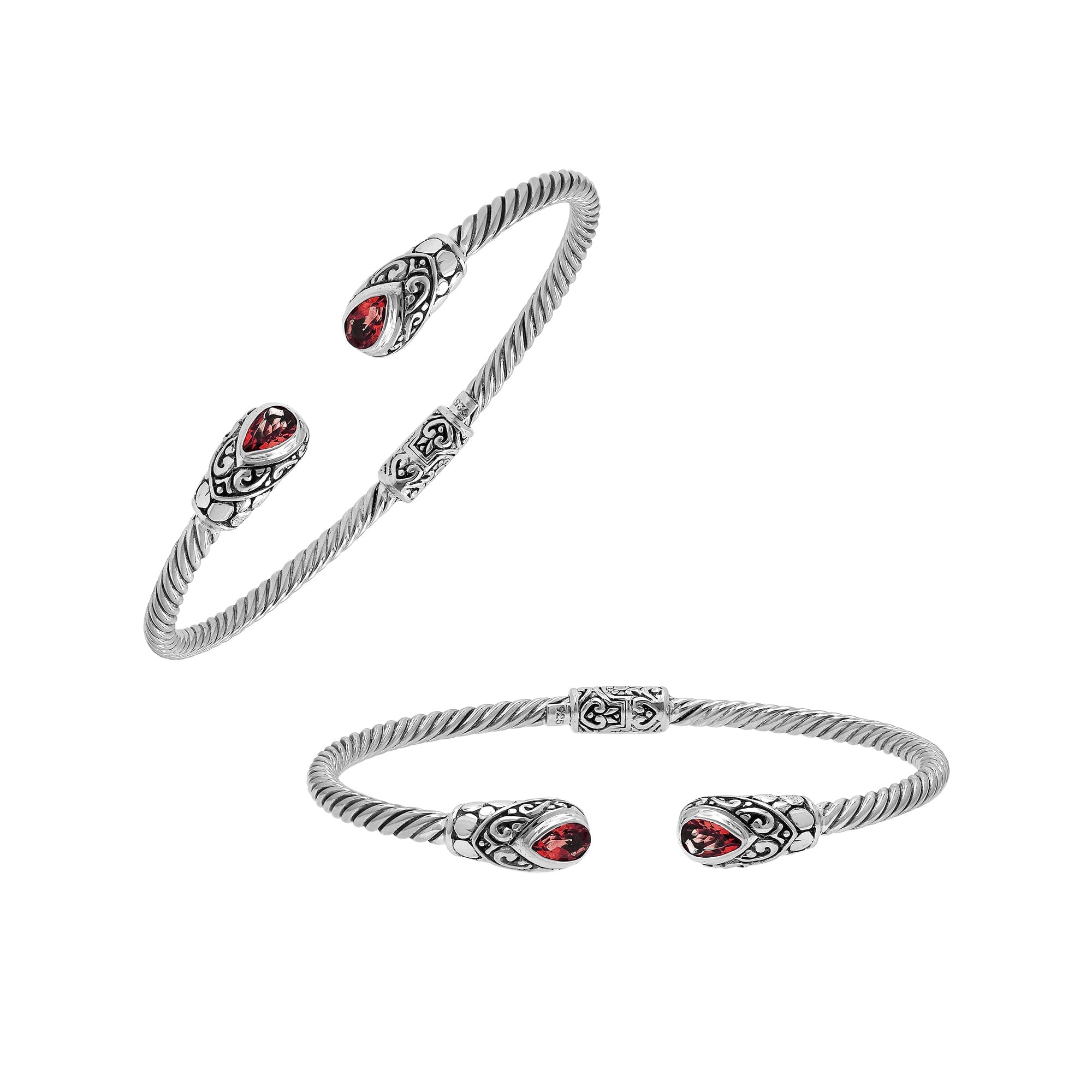 Silver twisted cable bangle in 925 sterling silver with pear-shaped Garnet Quartz and Balinese scroll engraving.
